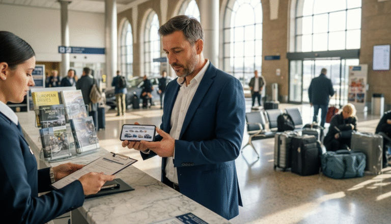 Traveler booking a car at rental office