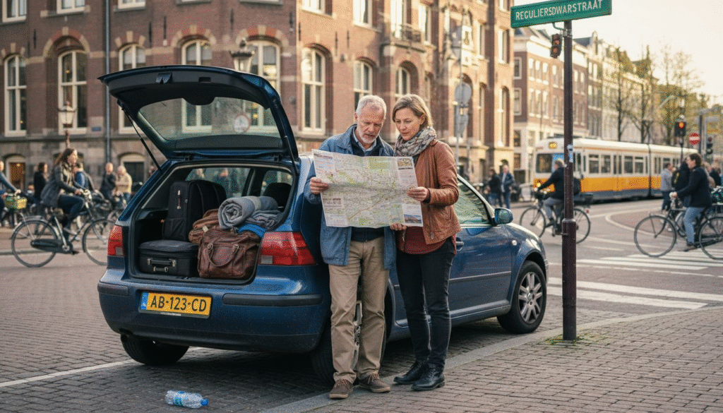 Couple with rental car on European city street