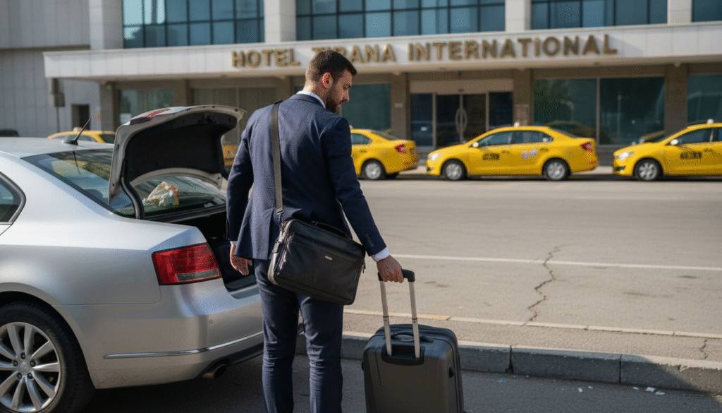 Business traveler with rental car outside hotel