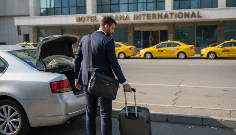 Business traveler with rental car outside hotel
