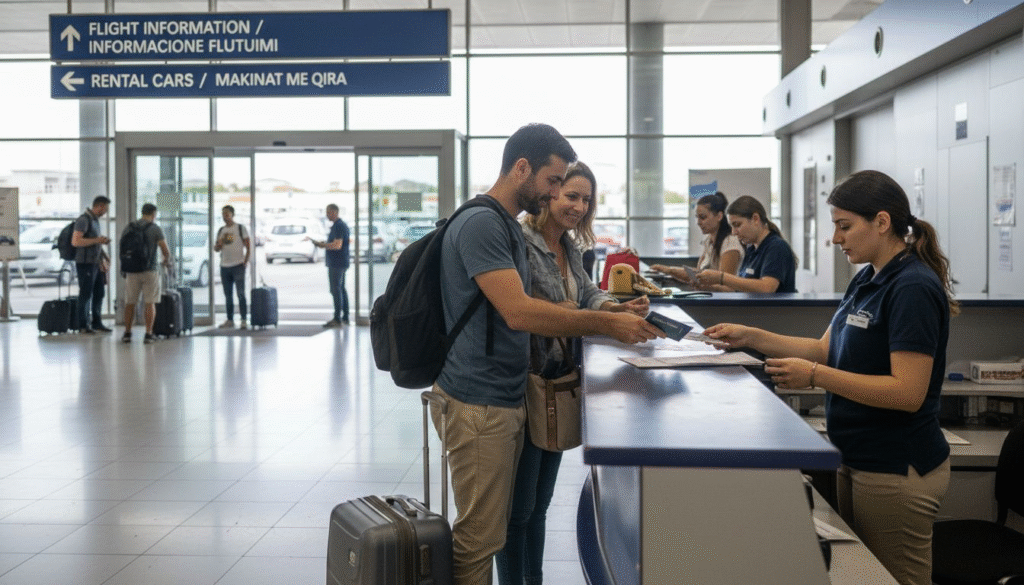Travelers renting car at airport arrivals desk