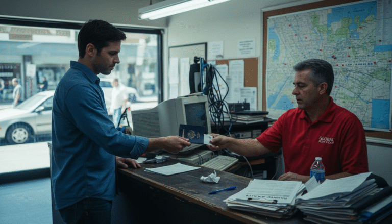 Customer booking car hire at agency counter