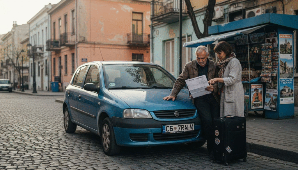 Couple reviewing rental car in central Tirana