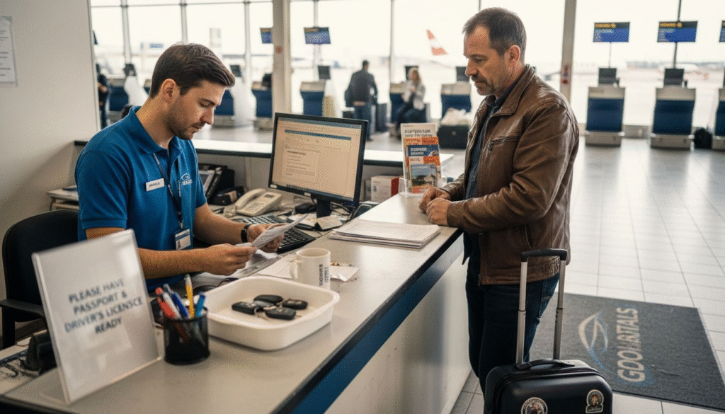 Car rental agent completing booking paperwork