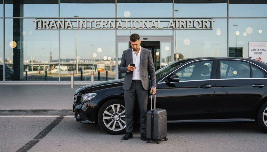 Business traveler with premium rental car at airport