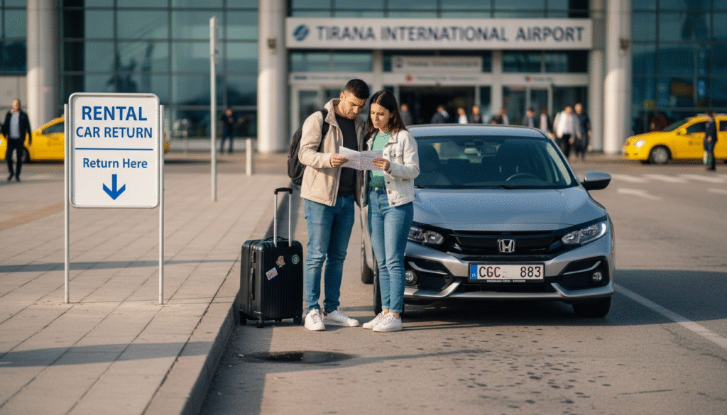 Travelers with rental car at Tirana airport