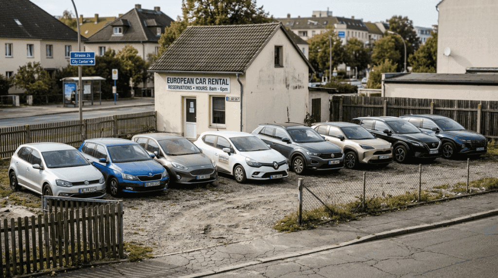Variety of rental cars parked on outdoor lot