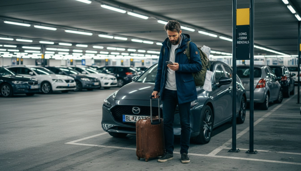 Traveler collects rental car at airport lot