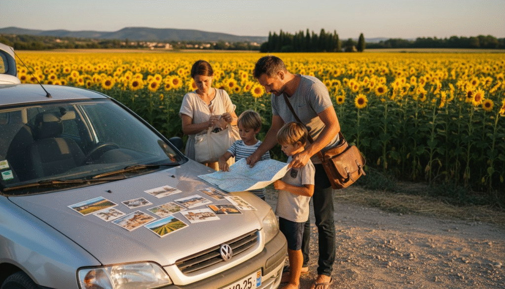 Family with rental car in sunny European countryside