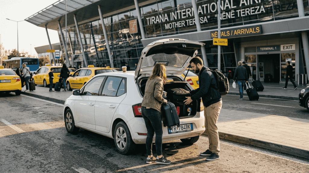 Travelers loading car at Tirana Airport