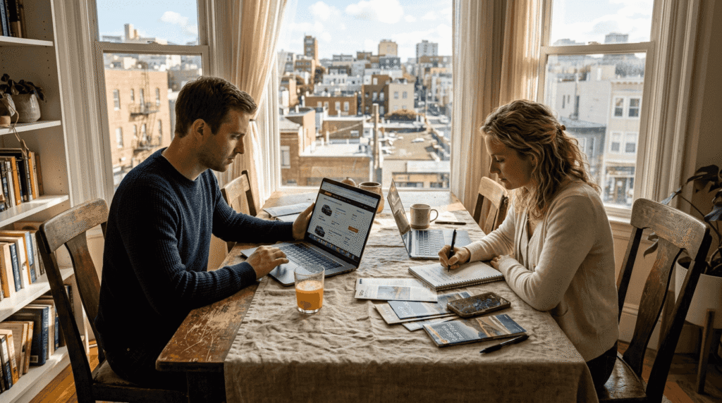 Couple booking Albania rental car online