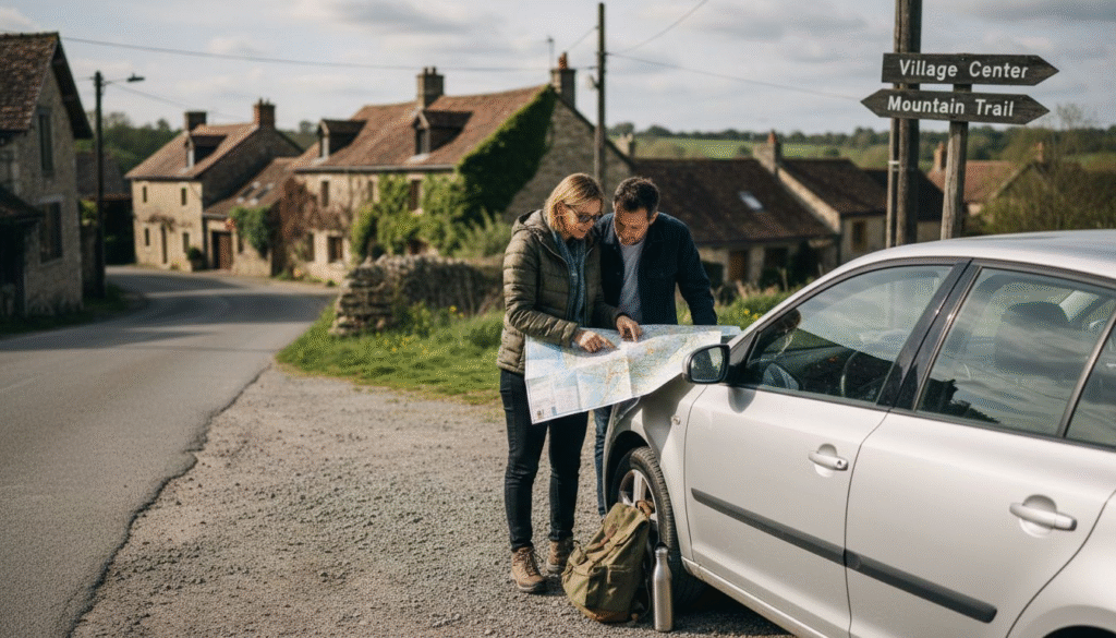 Travelers planning route with rental car in rural Europe