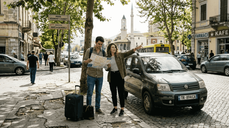 Travelers with rental car in Albanian city