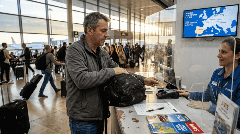 Traveler at European airport car rental desk