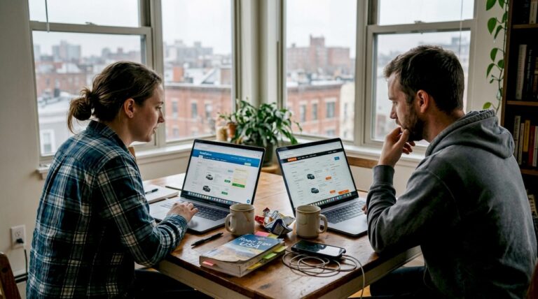 Travelers comparing car rental sites at home
