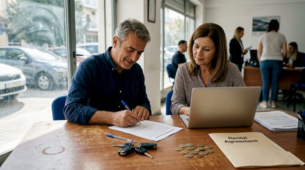 Customers signing car rental contract at desk