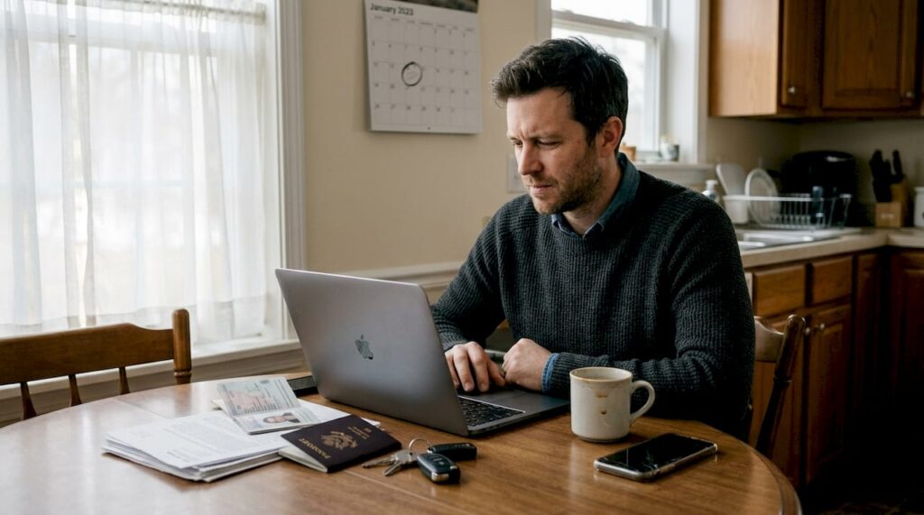 Man reviewing car rental documents at kitchen table