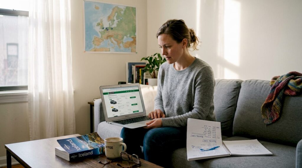 Woman booking car rental in apartment